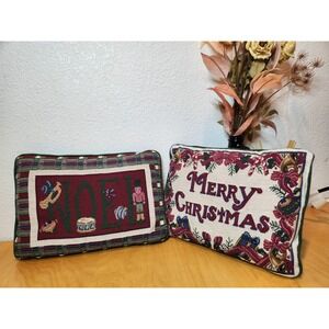 Set of 2 Christmas Tapestry Pillows Merry Christmas & Noel‎ Holiday Décor 8x11